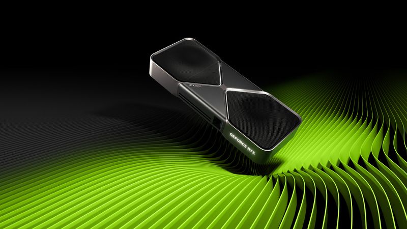 An NVIDIA GeForce RTX 5090 graphics card above a grid of green bending lines