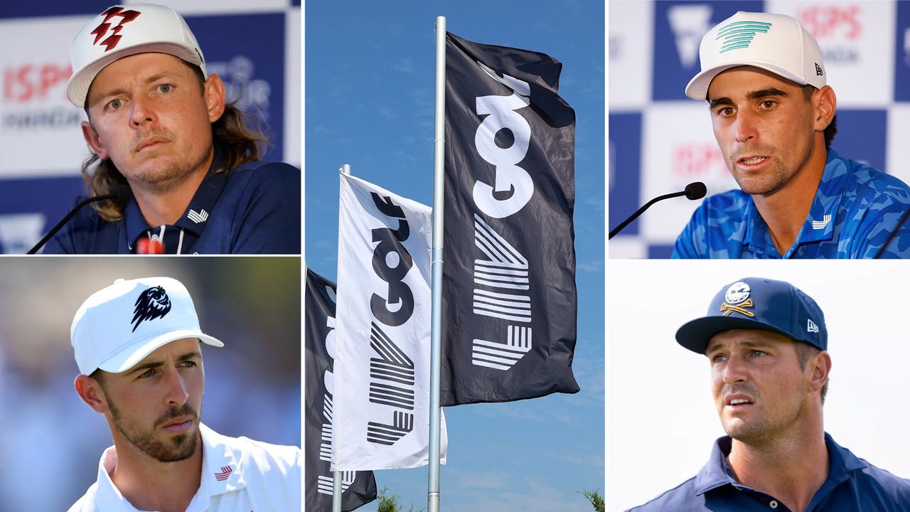 Cameron Smith (top left), Joaquin Niemann (top right), David Puig (bottom left) and Bryson Dechambeau (bottom right) with LIV Golf flags in the centre