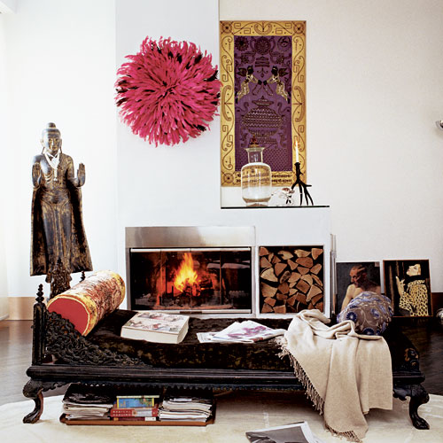 living room with fireplace and white walls