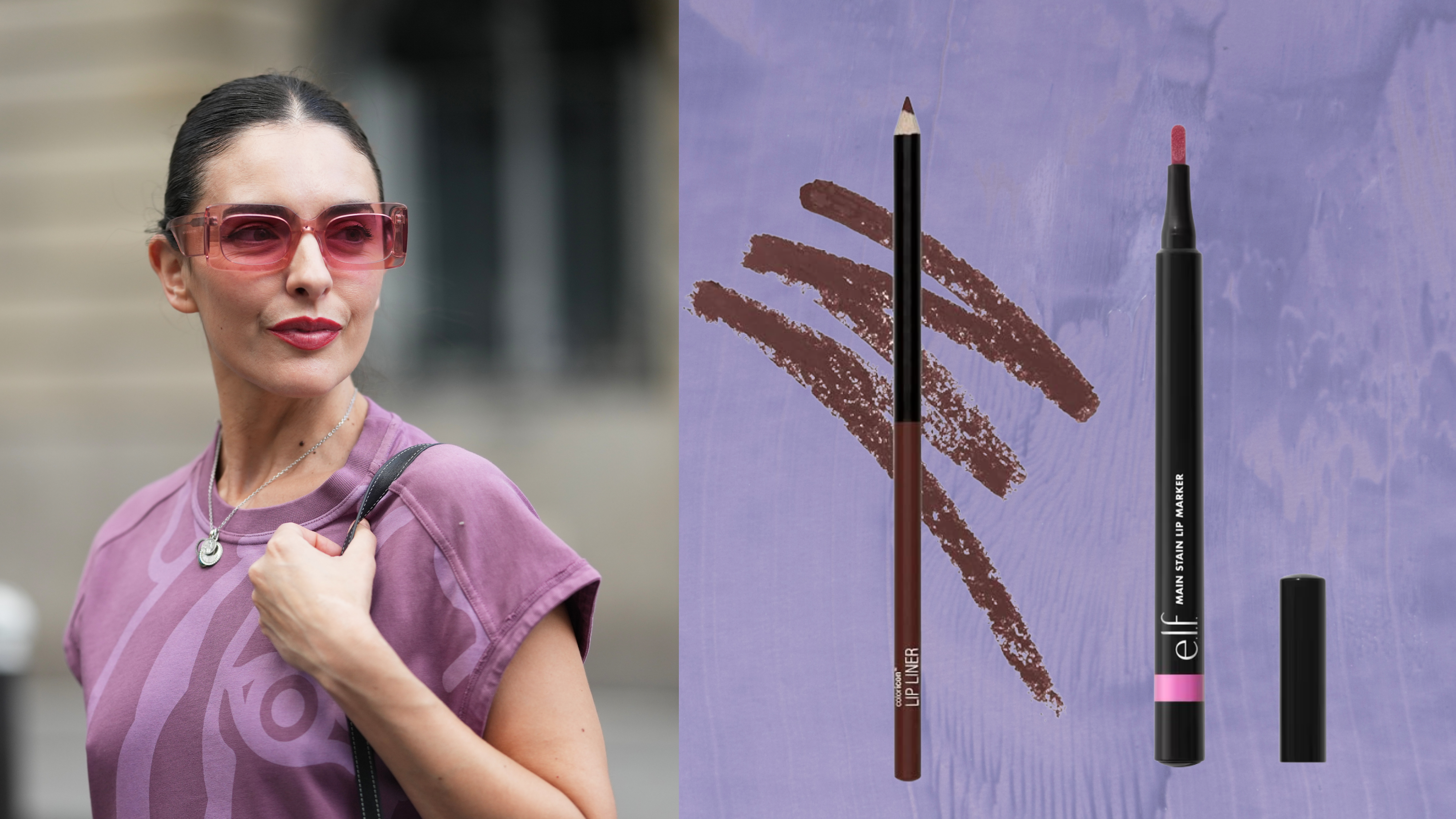 A woman wearing a purple shirt and pink sunglasses with her hair slicked back next to two lip liners.