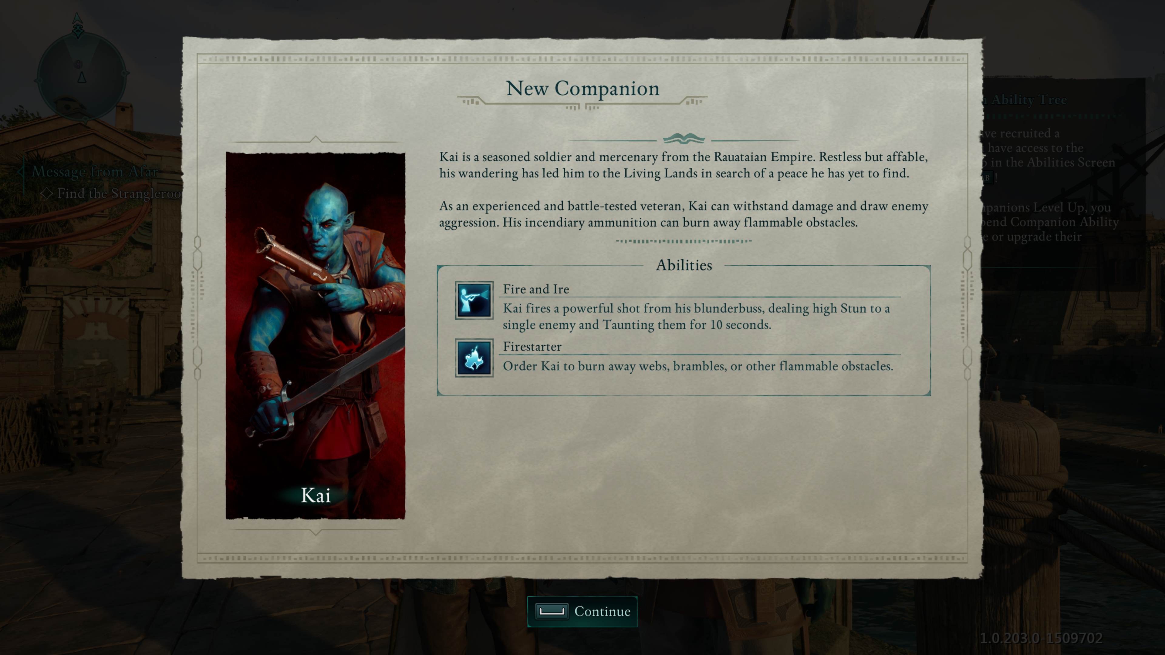 Screenshot of Avowed on PC showing the menu for when you gain Kai as a companion.