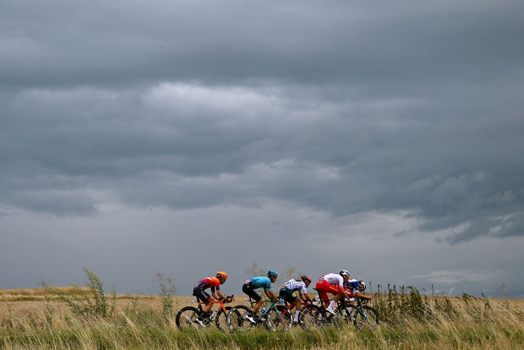 OPOLE POLAND AUGUST 01 A general view of Norbert Banaszek of Poland and Team Poland Jacopo Mosca of Italy and Team Lidl Trek Polka dot Mountain Jersey Yevgeniy Gidich of Kazakhstan and Astana Qazaqstan Team Sebastian Schnberger of Austria and Team Human Powered Health and Patryk Stosz of Poland and Team Poland Blue Best Polish Rider Jersey compete in the breakaway during the 80th Tour de Pologne 2023 Stage 4 a 1991km stage from Strzelin to Opole UCIWT on August 01 2023 in Opole Poland Photo by Dario BelingheriGetty Images