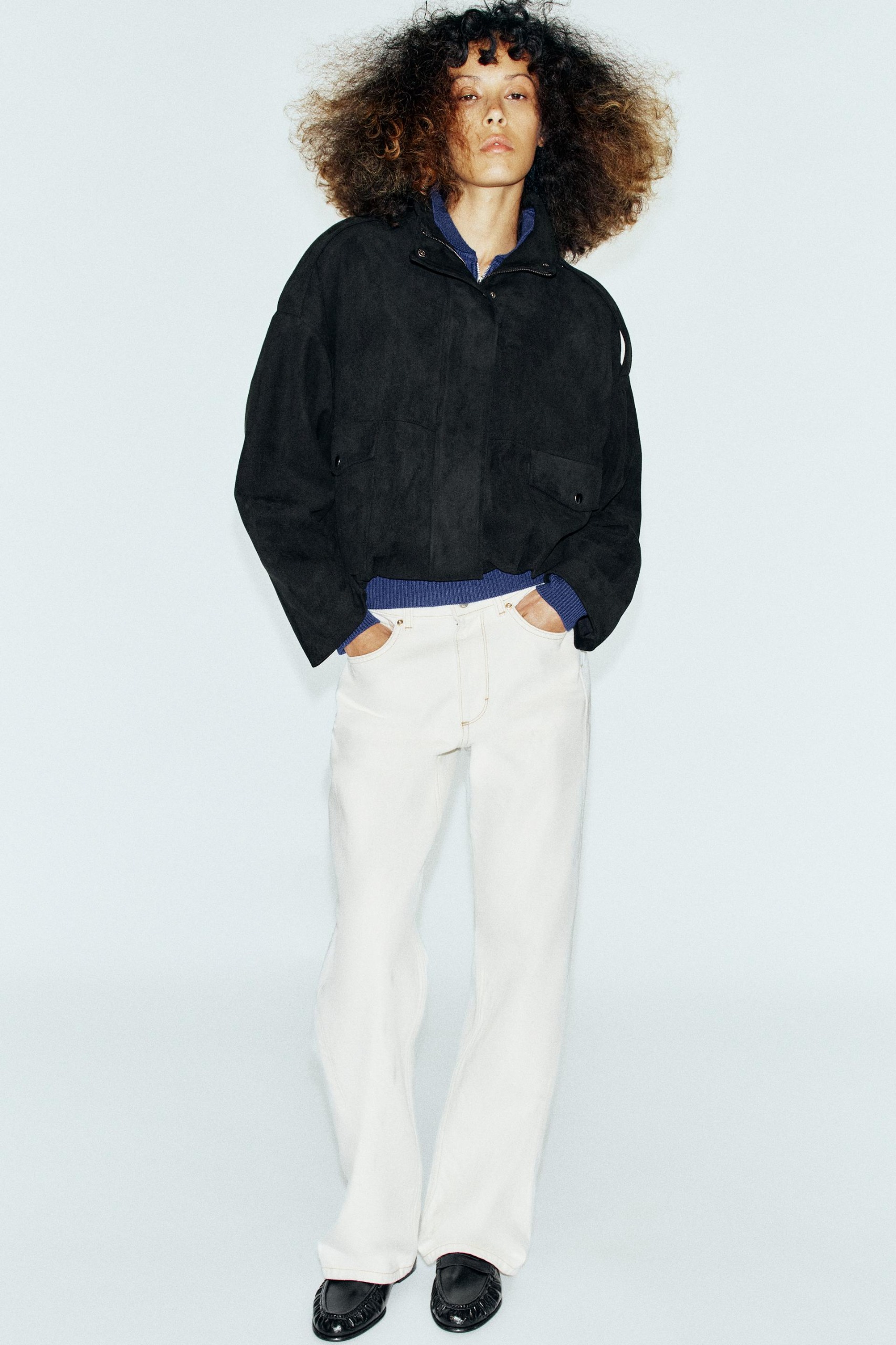 Faux Suede Bomber Jacket - Black - S