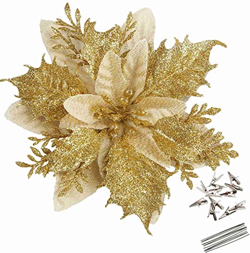 Greentime 12 Pcs Glitter Poinsettia 5.5&quot; Artificial Flowers Christmas With Clips Stems Xmas Tree Ornaments for New Year Party Stairs Fireplace Porch Balcony Garden Church Wreath Decoration (golden)