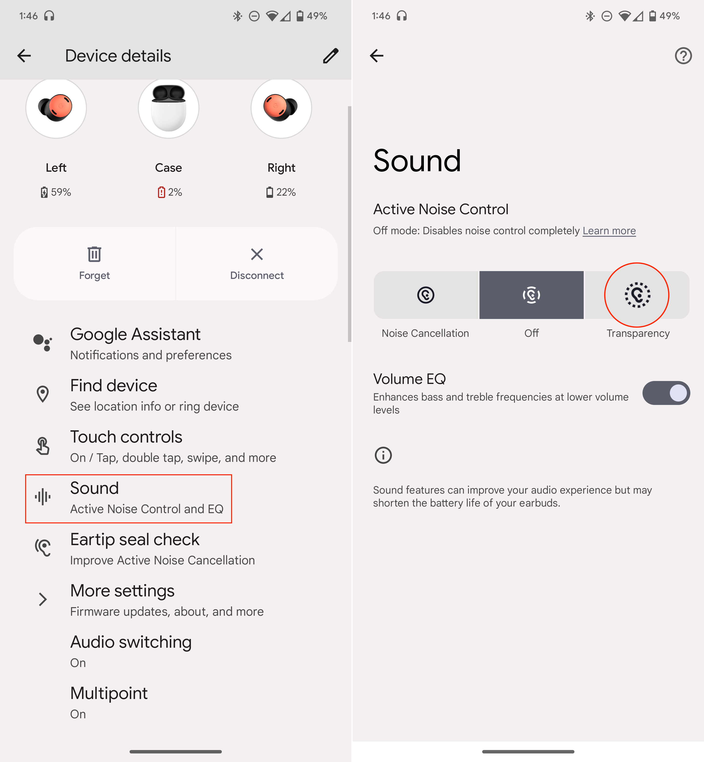 Manually enable Transparency mode on the Pixel Buds Pro