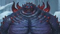 Chort, the Clyteum dungeon boss. He's a tall, round purple and red creature with red eyes. 