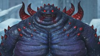 Chort, the Clyteum dungeon boss. He's a tall, round purple and red creature with red eyes. 
