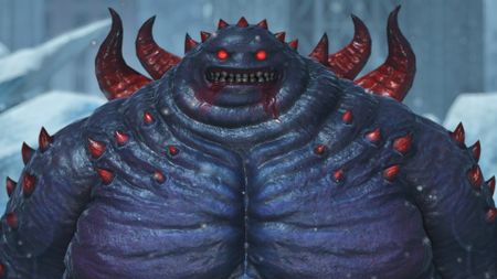 Chort, the Clyteum dungeon boss. He's a tall, round purple and red creature with red eyes. 