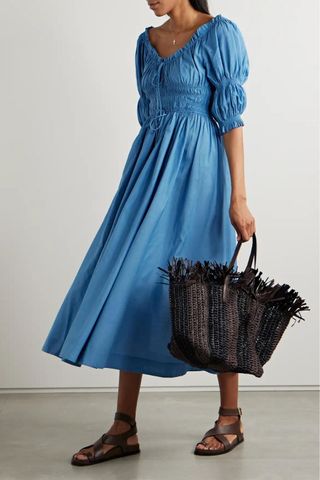DÔEN Ischia shirred cotton-blend voile midi dress