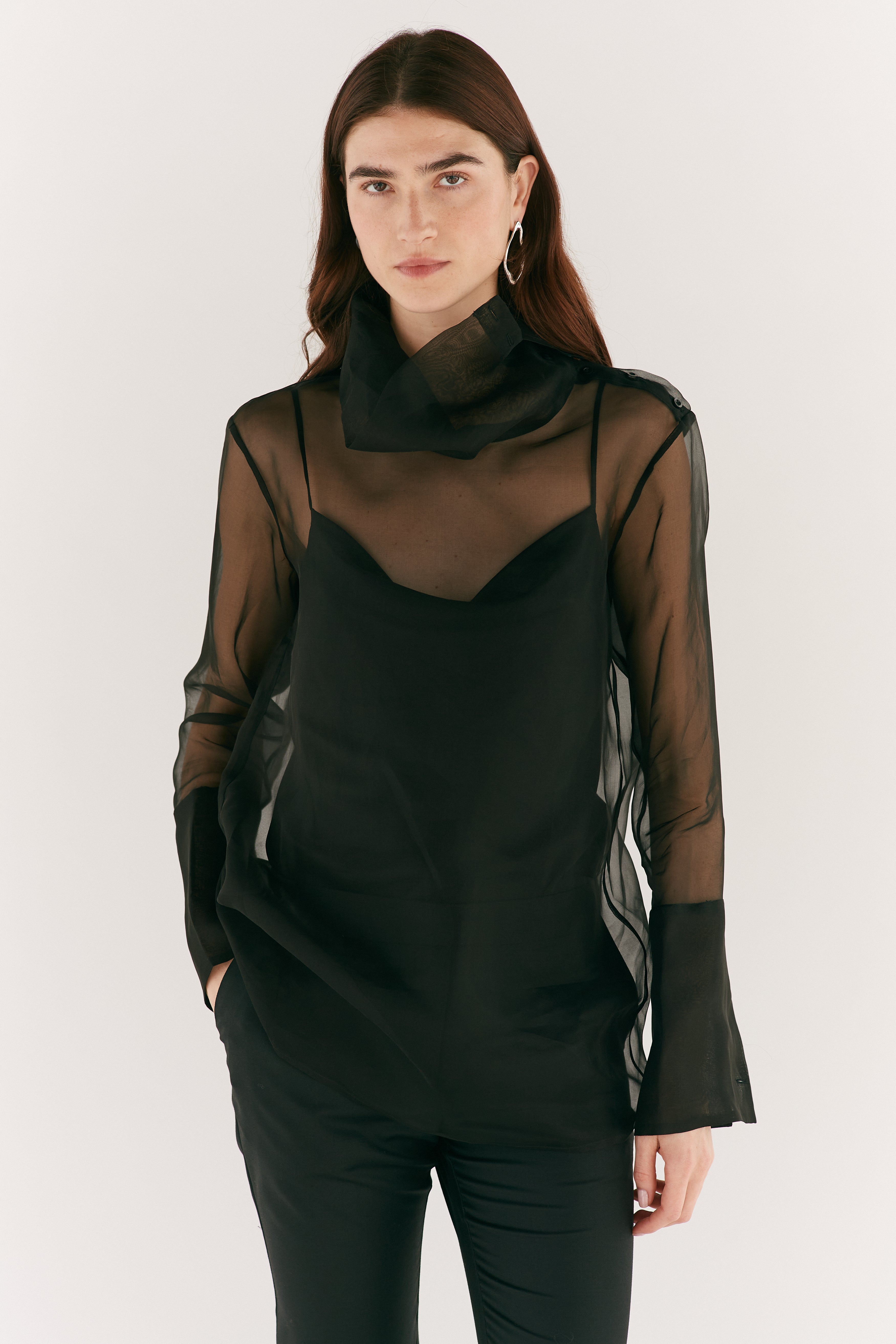 Women's Black Organza Mock Neck Silk Shirt - Cream | Laura Pitharas