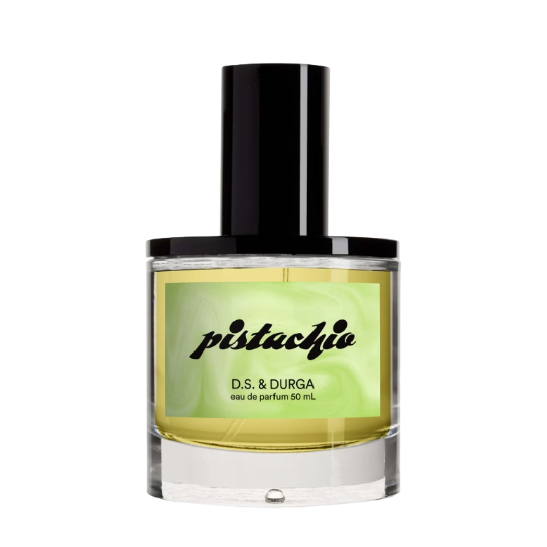 A product shot of the D.S. &amp;amp; Durga Pistachio Eau de Parfum on a white background