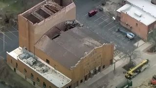 An serial shot shot showing the damage to the roof of the Apollo Theater in Belvidere, Illinois