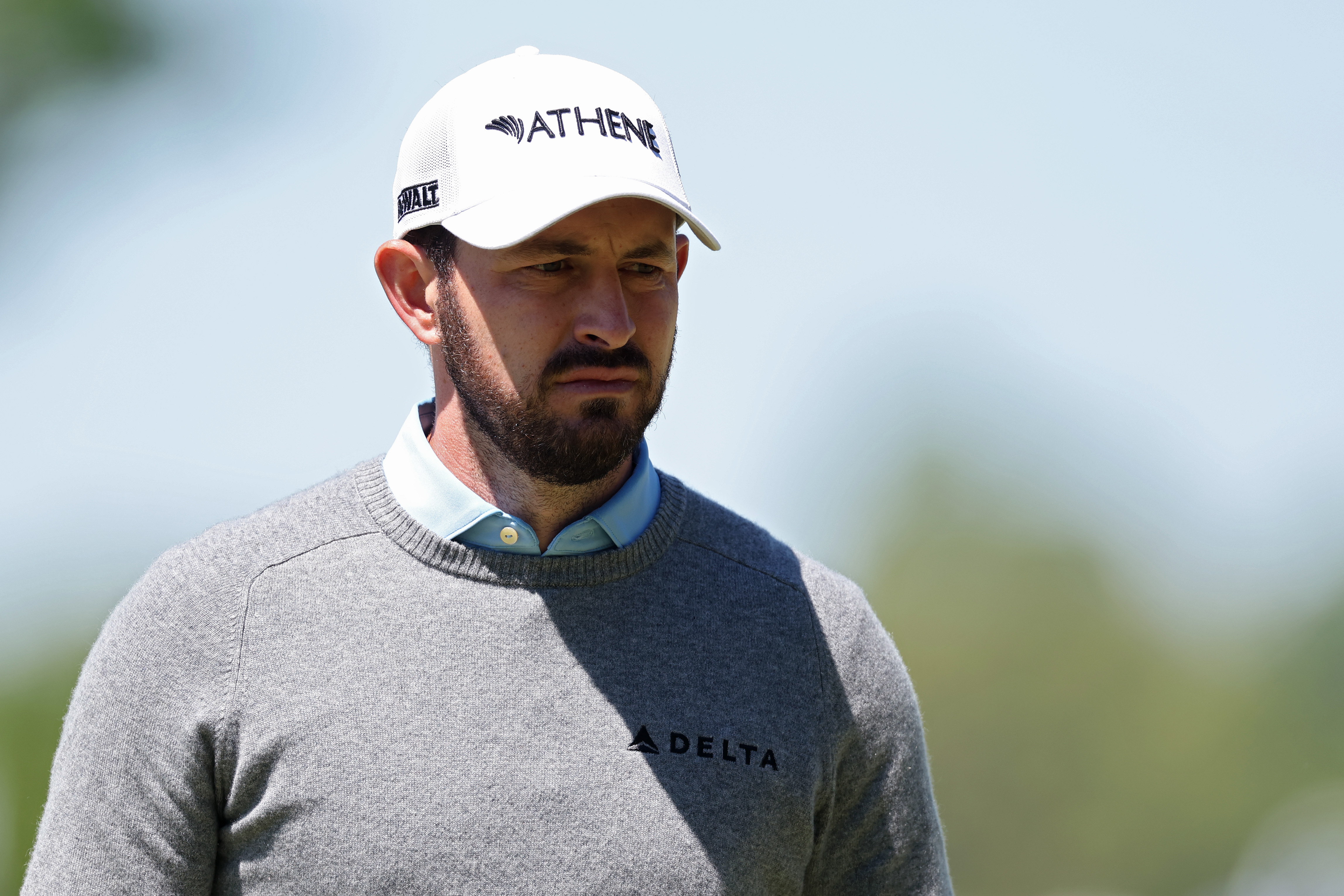Patrick Cantlay looks on from the third green during a practice round prior to the PGA Championship at Aronimink Golf Club