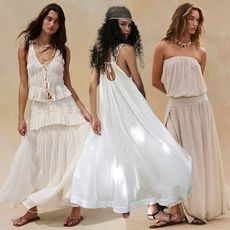 Three models wear white dresses or skirt sets while posing. 