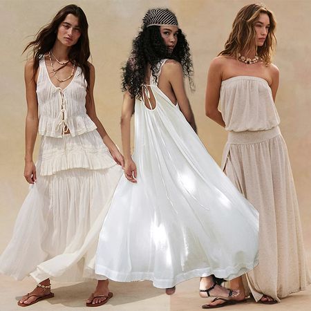 Three models wear white dresses or skirt sets while posing. 