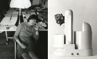 Pictured left: Gae Aulenti in 1967. Photography: Ugo Mulas. Right: 'Rimorchiatore' lamp, by Gae Aulenti