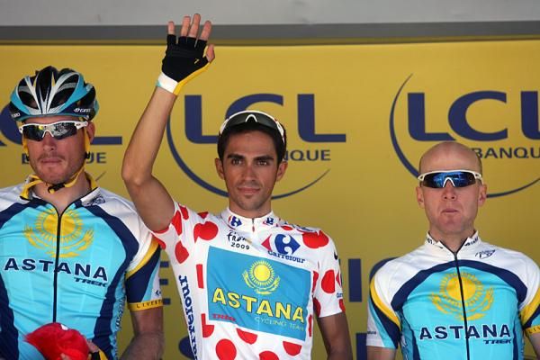 Alberto Contador is introduced during Astana's sign-in before stage two.