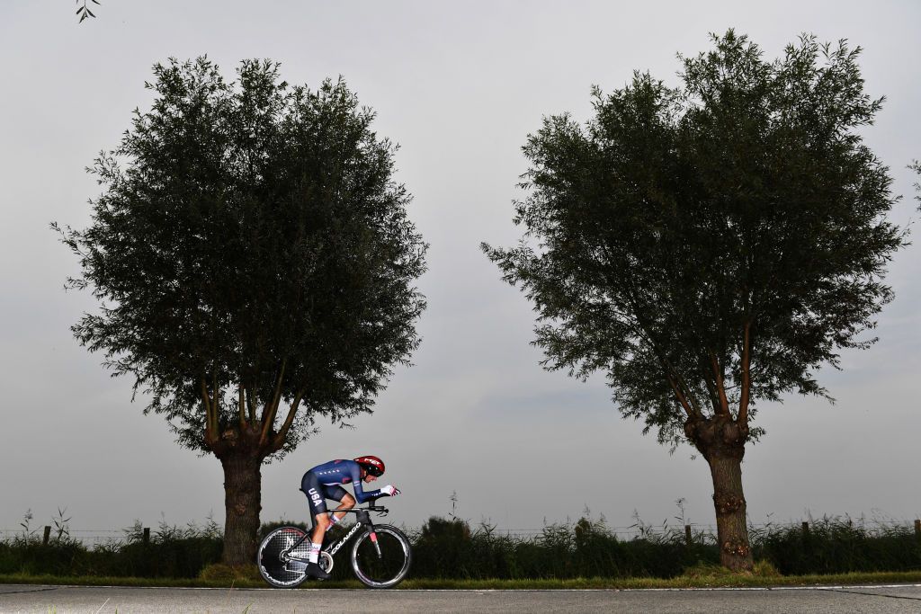 BRUGES BELGIUM SEPTEMBER 19 Brandon Mcnulty of The United States sprints during the 94th UCI Road World Championships 2021 Men Elite ITT a 433km Individual Time Trial race from KnokkeHeist to Bruges flanders2021 ITT on September 19 2021 in Bruges Belgium Photo by Tim de WaeleGetty Images