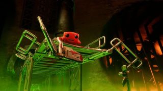 Super Meat Boy 3D screenshot showing Meat Boy on a rundown metal bridge
