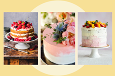 A collage of three cakes decorated with fruit and flowers 
