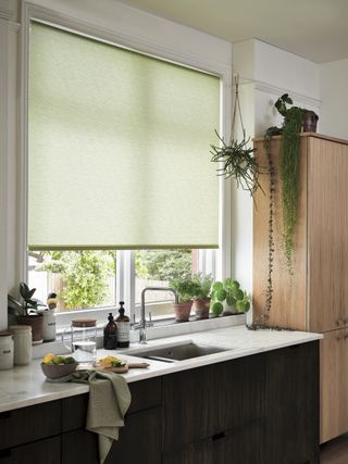 A green reverse rolled roller blind
