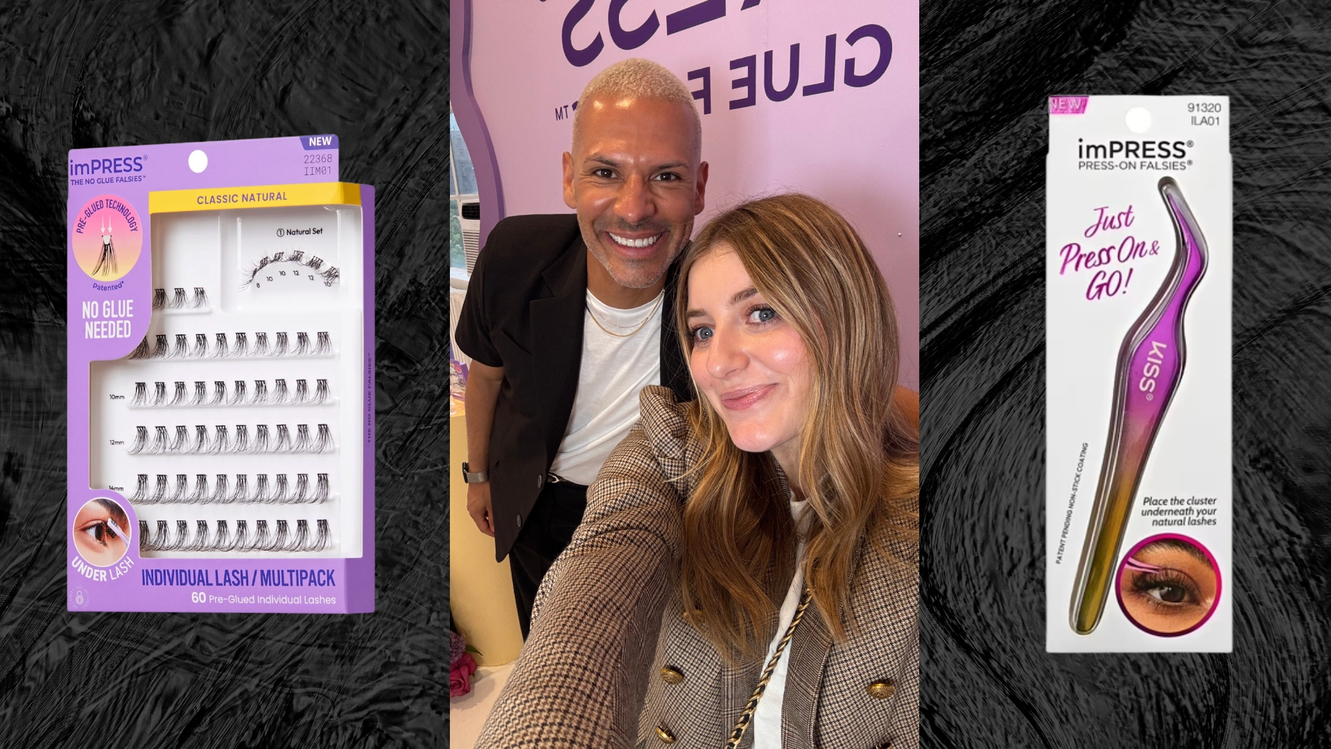 samantha holender and vincent oquendo next to fake eyelashes