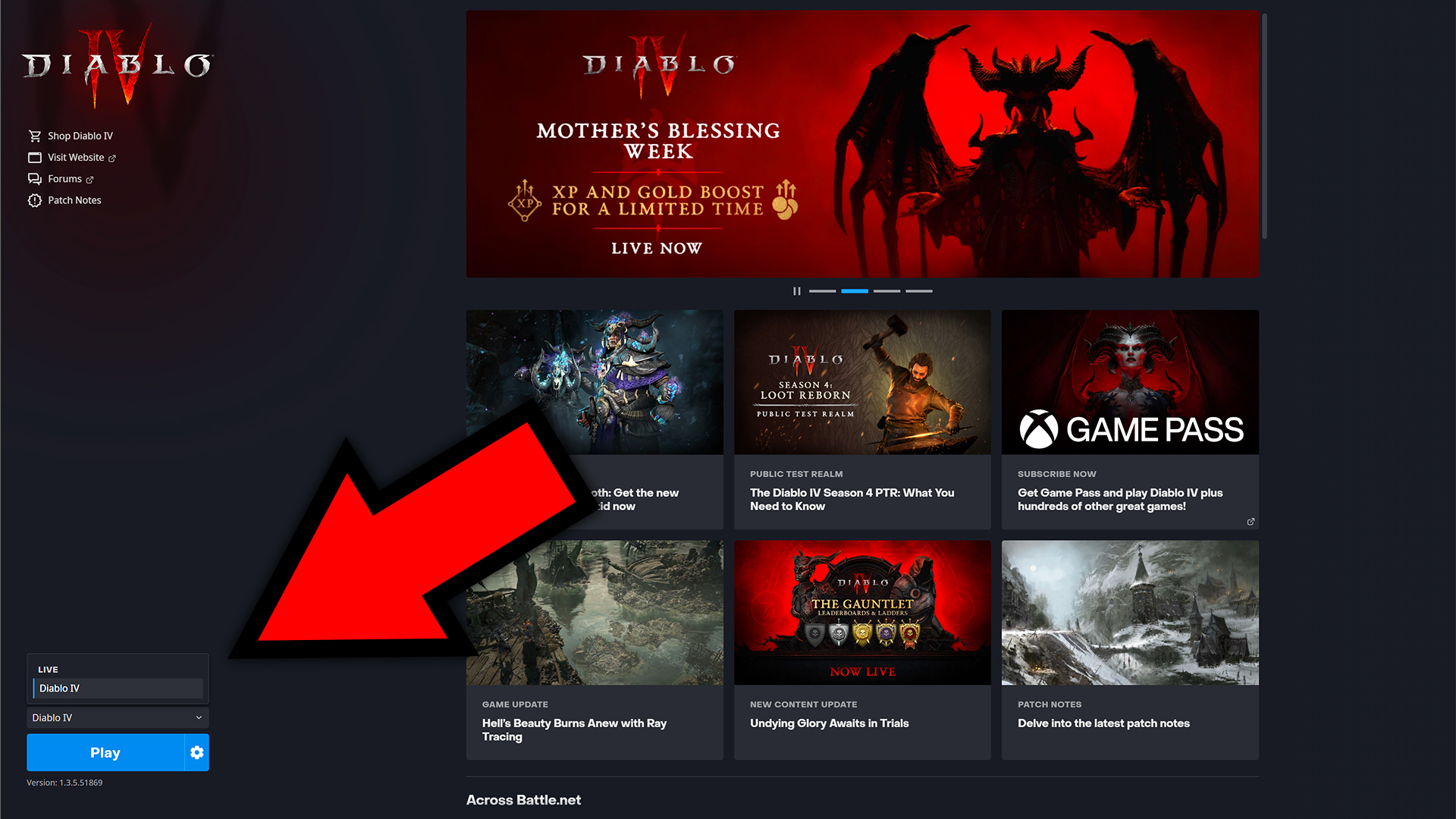 A screenshot of Blizzard's Battle.net launcher with an arrow pointing toward the Diablo 4 Play button's drop down menu