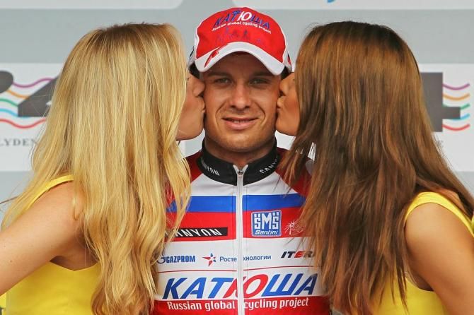Stage winner Alexander Kristoff (Katusha) receives the spoils as stage winner