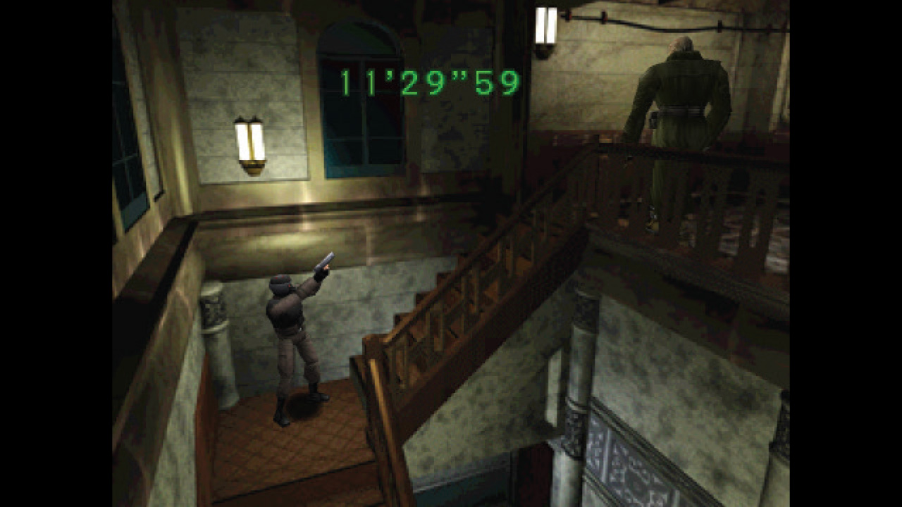 Aiming at Mr X on a stairwell in Resident Evil 2 for the PS1's 4th Survivor challenge mode