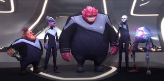 Five alien teenagers stand together wearing spacesuits