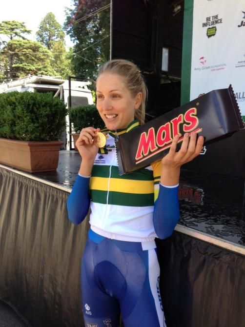 A gold medal and a big Mars bar to boot! Shara Gillow smiles for the cameras following her third consecutive Australian ITT Championship win