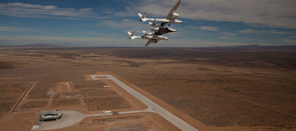 WhiteKnightTwo and SpaceShipTwo over Spaceport America in New Mexico