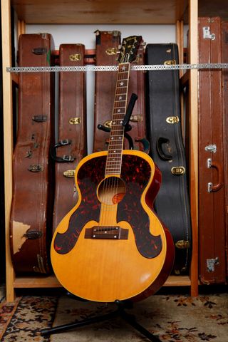 1963 Gibson Everly Brothers acoustic guitar ready to be placed on display in Guitars: The Museum in Umea, Sweden.