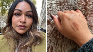 On the left, Digital Beauty Editor, Aleesha Badkar is pictured wearing the e.l.f autumn lip combo and on the right, a swatch of both products on the back of Aleesha's hand.