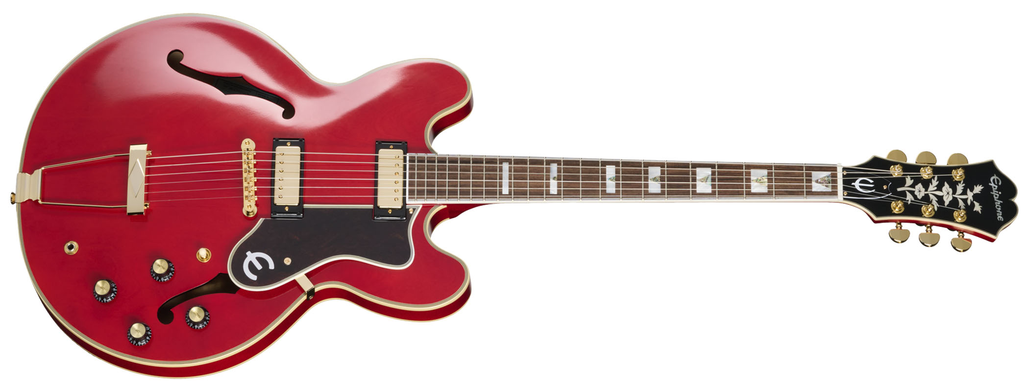 Epiphone Masterbilt Gem Archer Sheraton: this cherry red doozie honours the Oasis guitarist with a top-line build featuring Gibson USA mini-humbuckers. 