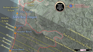 map illustration showing where the eclipse grazing zone is located around Oregon for the october 14 annular solar eclipse.