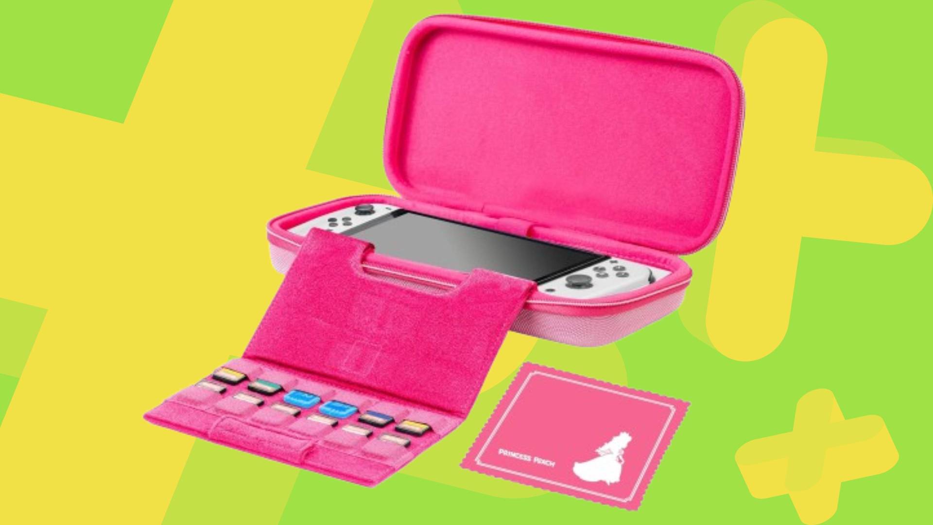 Image of the interior of the RDS Industries Princess Peach Switch 2 case, with a green GamesRadar+ background.