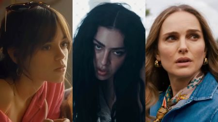 Jenna Ortega, Charli XCX, and Natalie Portman in a side-by-side photo.