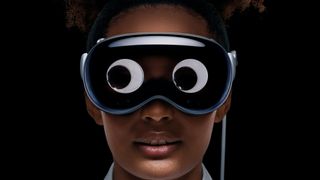 An Apple Vision Pro headset with googly eyes
