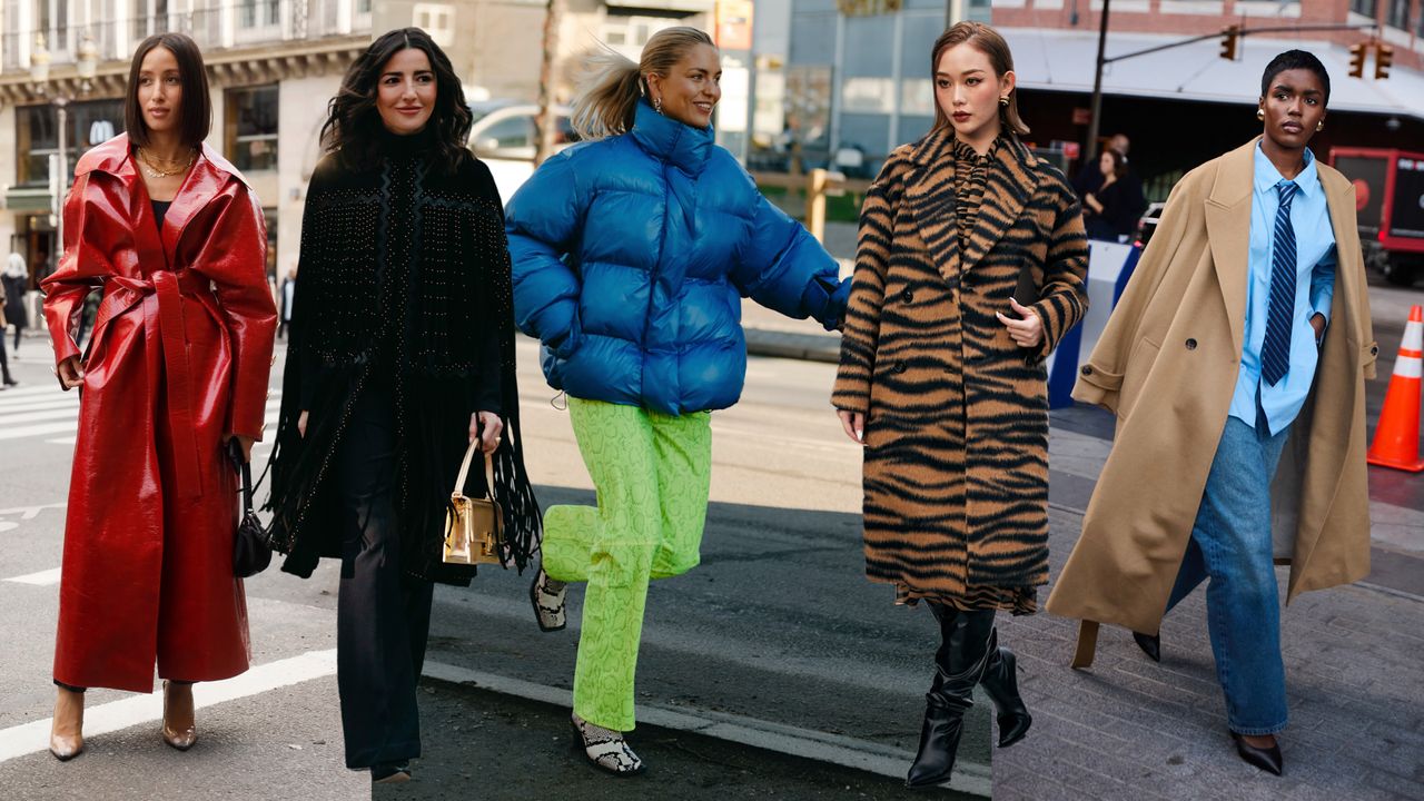 A collage of five women wearing coat types, a puffer coat, animal print coat, a cape coat, wrap coat, and trench coat