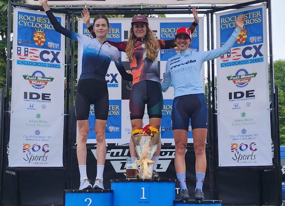 Rochester Cyclocross 2023 Day 2 women's podium: Isabella Holmgren in second, winner Maghalie Rochette, Sidney McGill in third