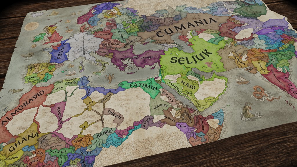 Screenshots and art from grand strategy game Crusader Kings III.