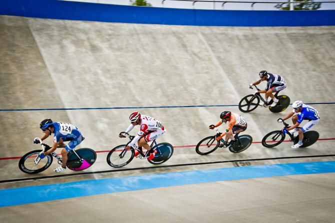 Martin Vecchio, Alexandre Darville, Ian Holt, Jacob Duehring and Adrian Hegyvary during a breakaway in the Men's Omnium Scratch Race. Alexandre Darville, would eventually go on to win this race. The scratch race was only one out of six events in the Men's Omnium competition. Darville would end up 6th overall.