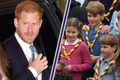 Prince Harry split layout with Prince George, Princess Charlotte and Prince Louis