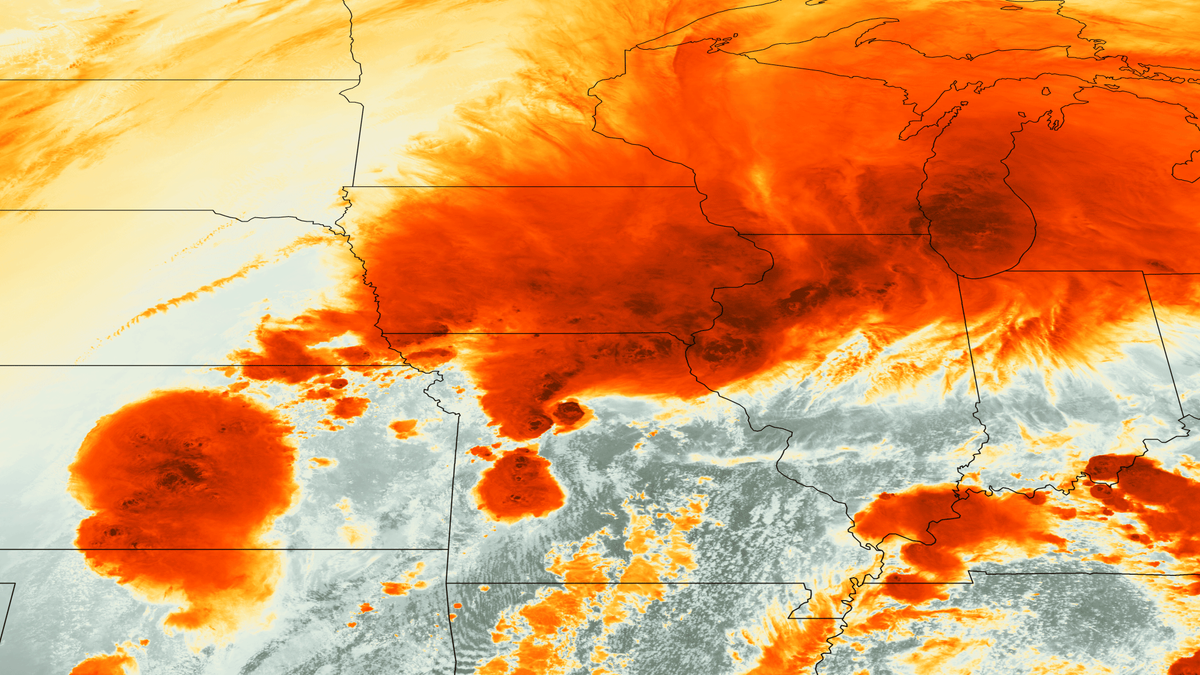 A false-color image, taken by the GOES-13 satellite yesterday afternoon (April 17), showing a series of strong thunderstorms in the Midwest.