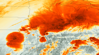 A false-color image, taken by the GOES-13 satellite yesterday afternoon (April 17), showing a series of strong thunderstorms in the Midwest.