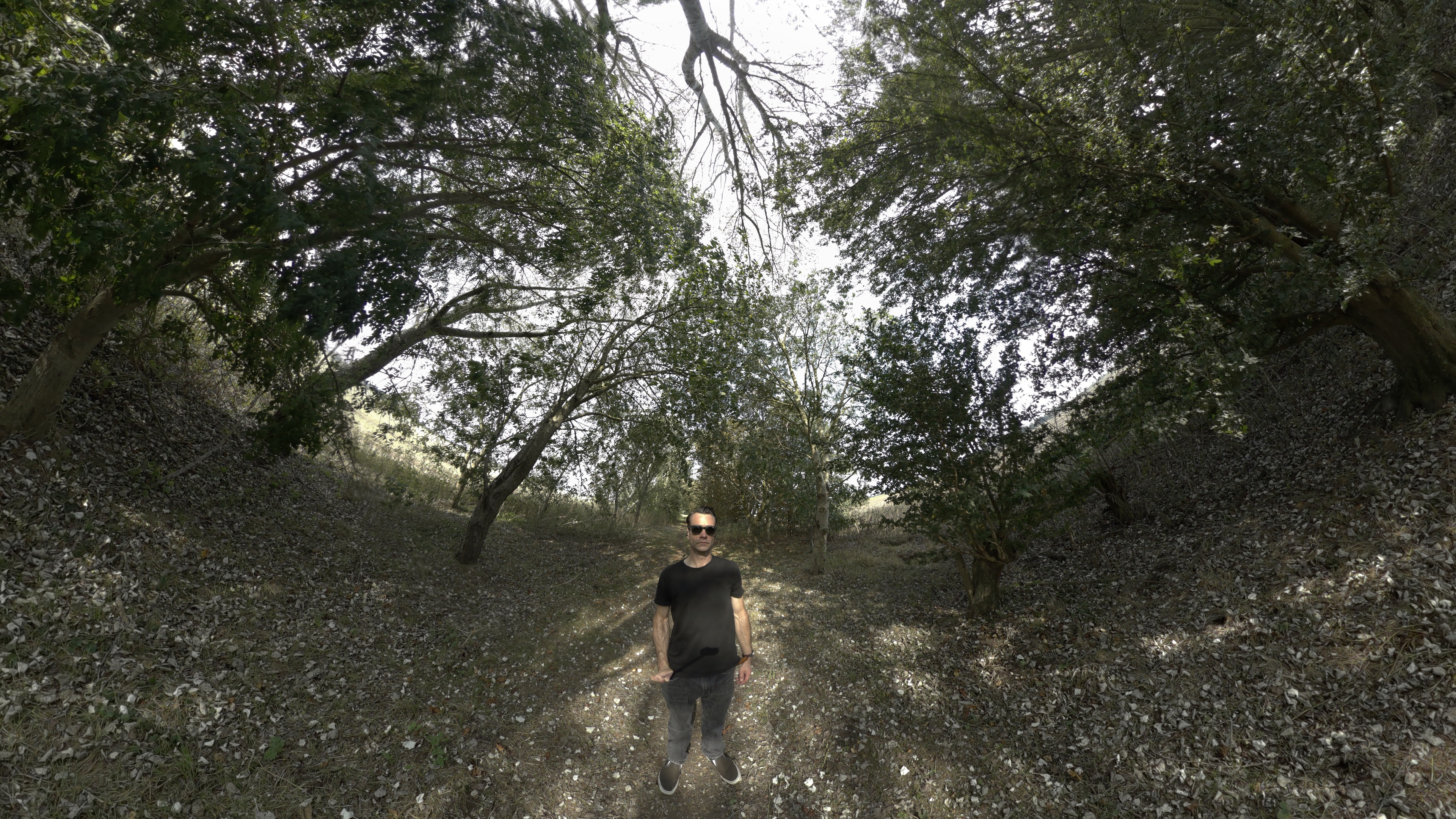 A man standing on a path outside surrounded by trees shot on a Kandao QooCam 3 Ultra 360 camera