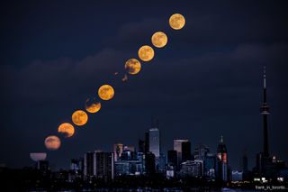 Photographer Frank Job captured the full experience of the Jan. 1, 2018 supermoon Full Wolf Moon rising over Toronto in this stunning composite view.