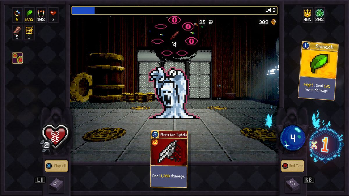 Pixel-art video game battle screen with a white ghost character in the center. Above, floating pink eyes hover ominously. Player stats and health are displayed on the sides.