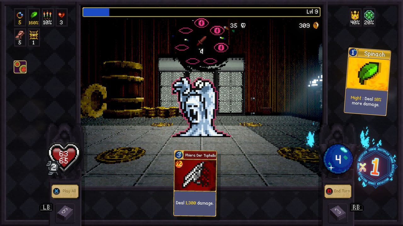 Pixel-art video game battle screen with a white ghost character in the center. Above, floating pink eyes hover ominously. Player stats and health are displayed on the sides.